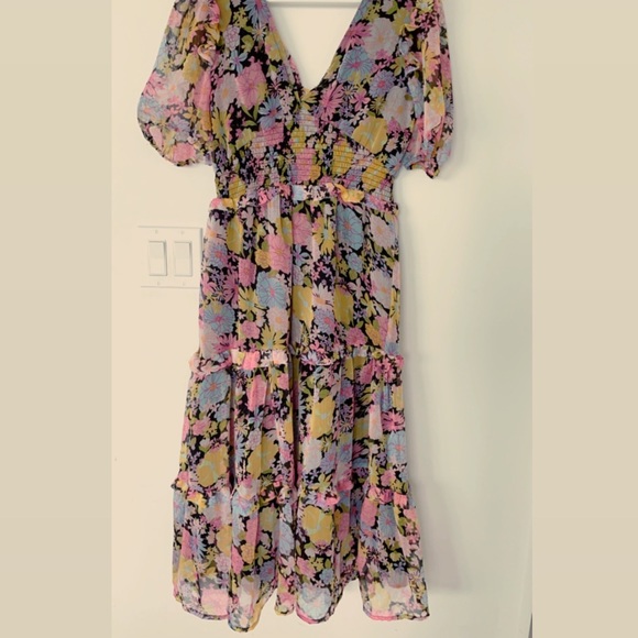 Neon Rose midi dress with tiered ruffle skirt and bow back in floral - Picture 7 of 7